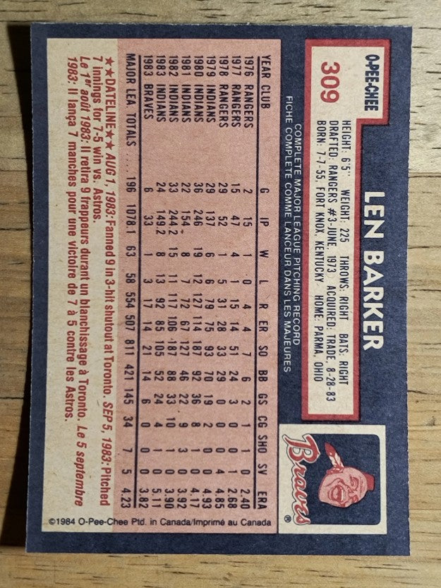 1984 O-Pee-Chee #309 Len Barker