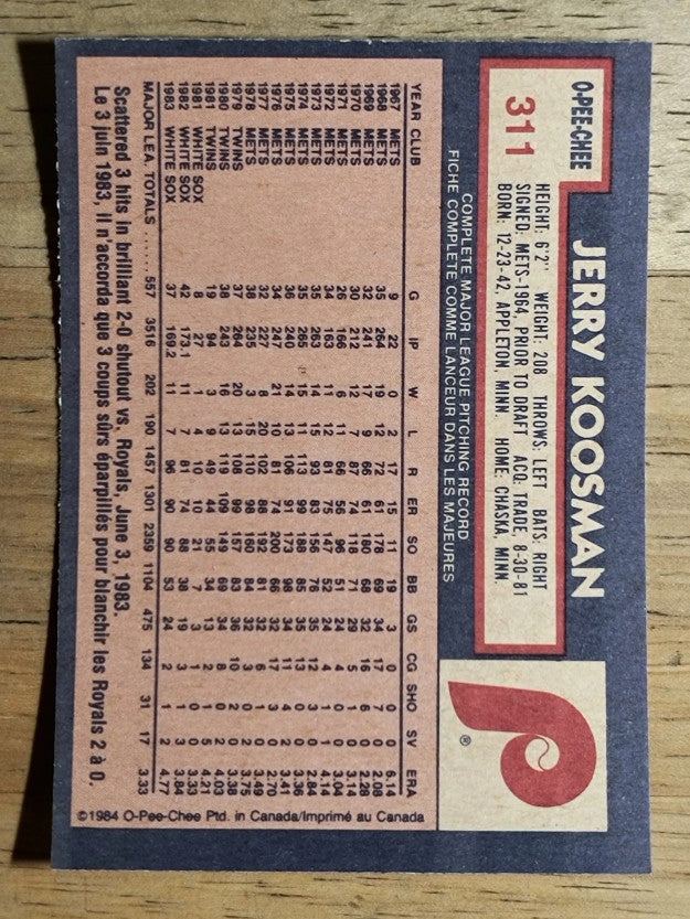 1984 O-Pee-Chee #311 Jerry Koosman
