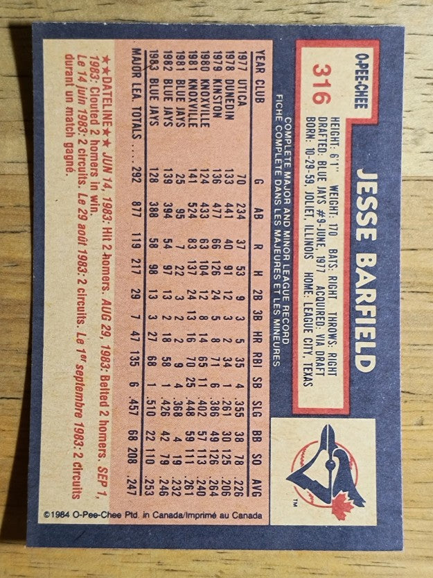1984 O-Pee-Chee #316 Jesse Barfield