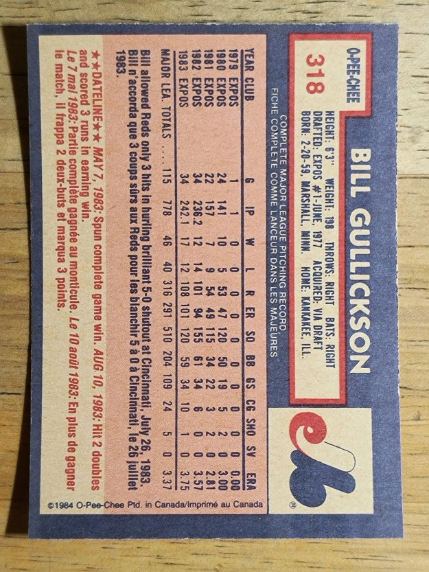 1984 O-Pee-Chee #318 Bill Gullickson