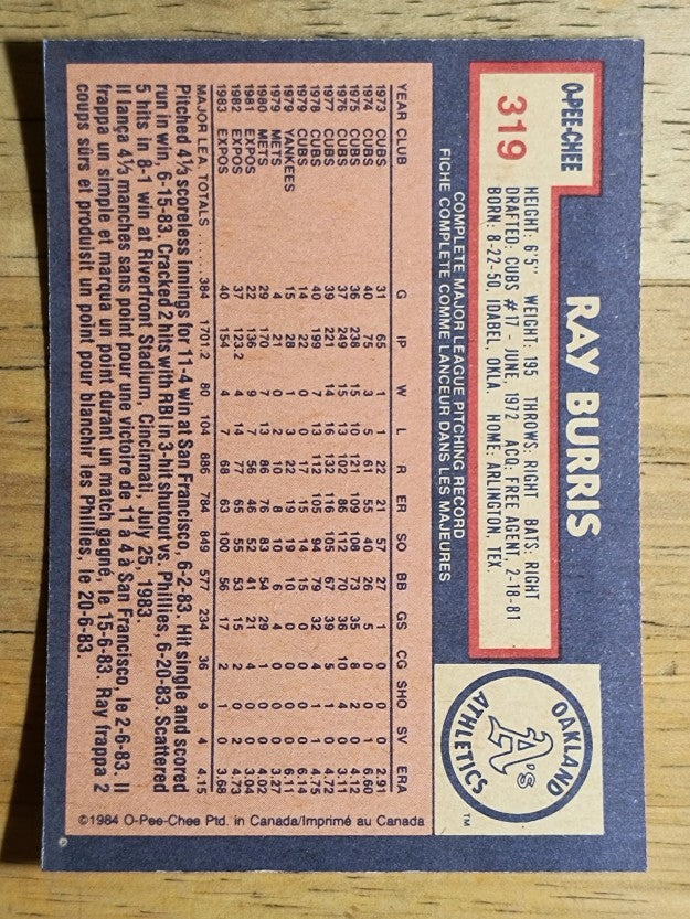 1984 O-Pee-Chee #319 Ray Burris