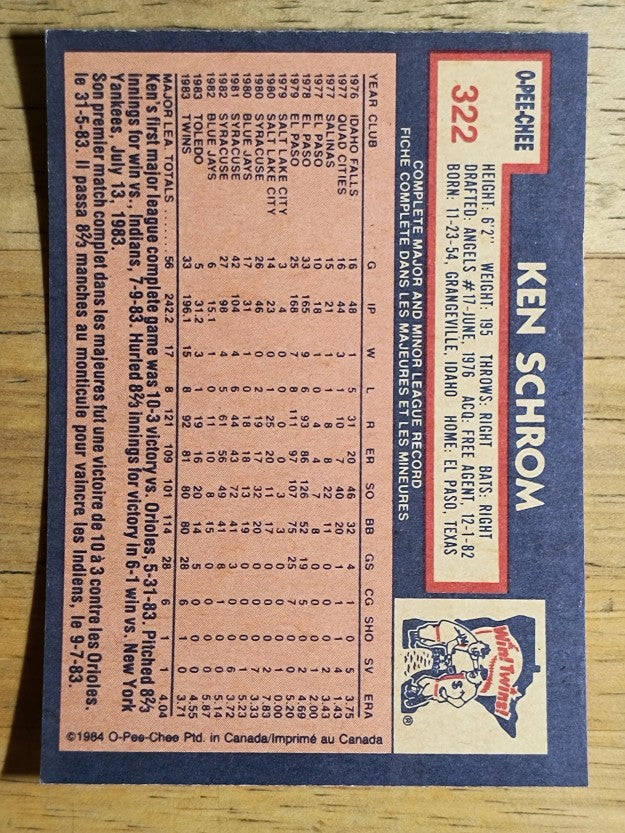 1984 O-Pee-Chee #322 Ken Schrom