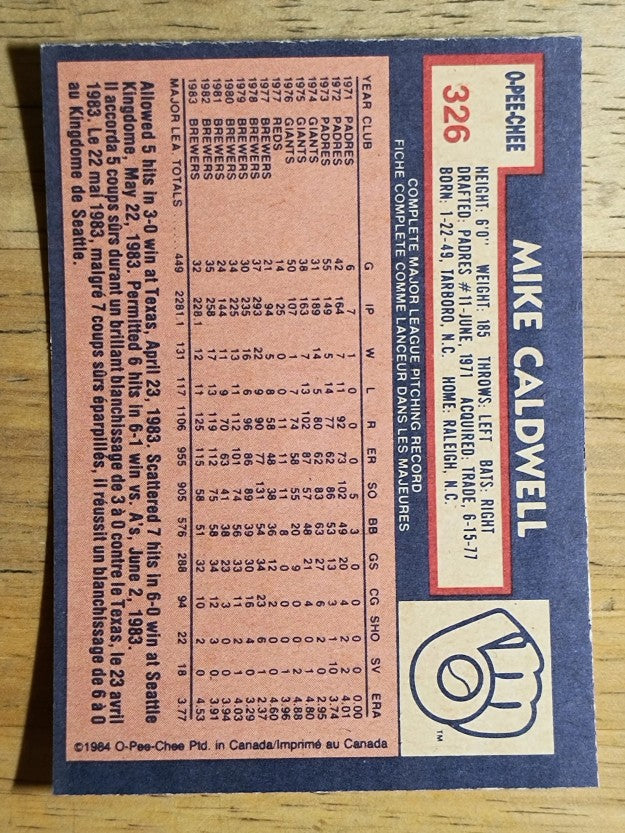 1984 O-Pee-Chee #326 Mike Caldwell