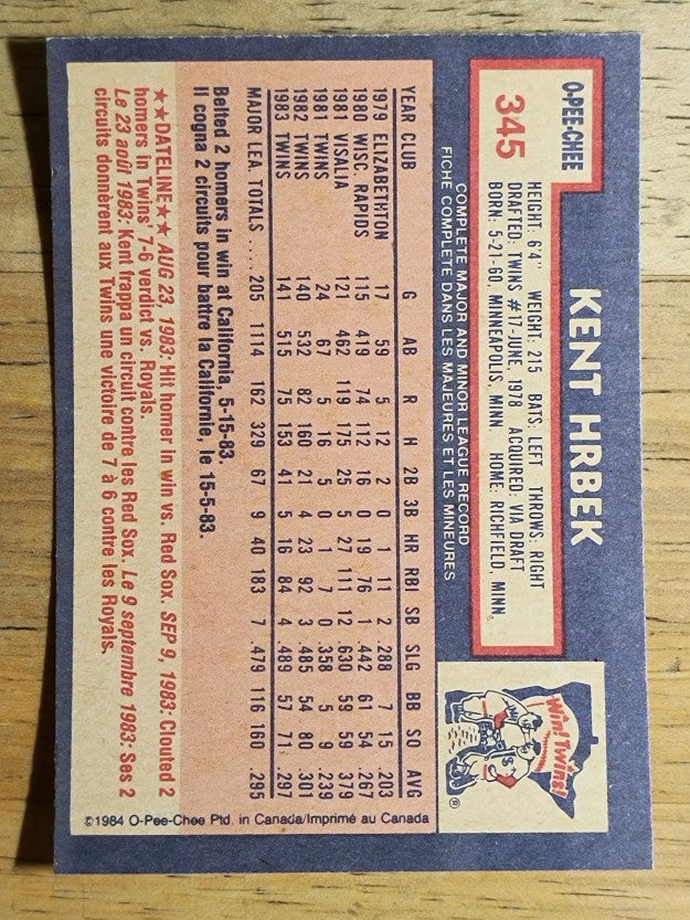 1984 O-Pee-Chee #345 Kent Hrbek