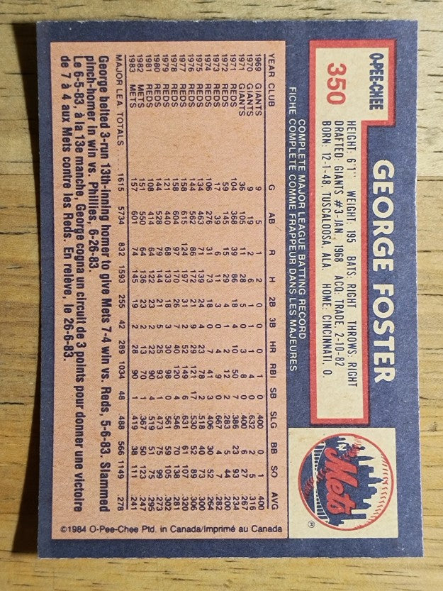 1984 O-Pee-Chee #350 George Foster