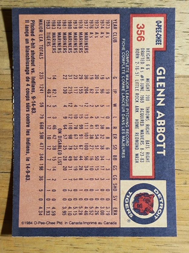 1984 O-Pee-Chee #356 Glenn Abbott