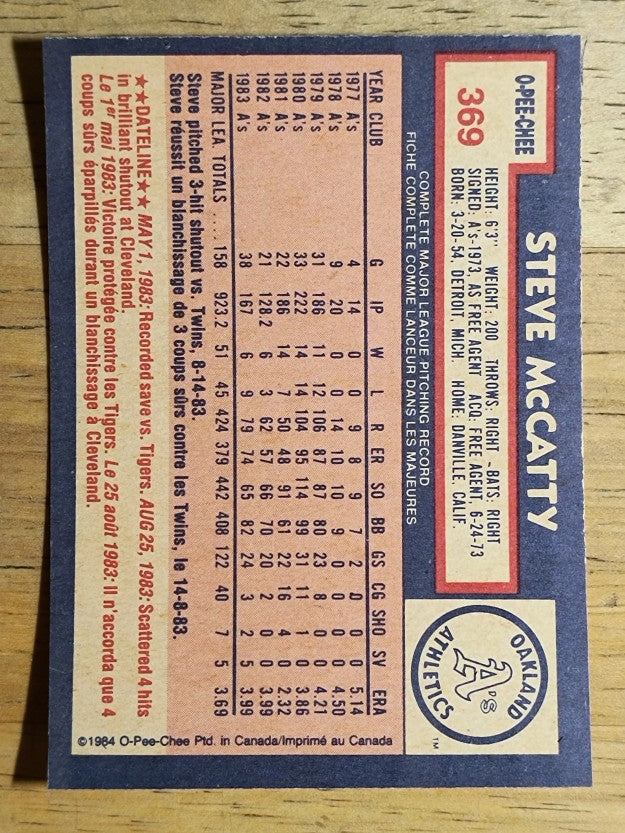 1984 O-Pee-Chee #369 Steve McCatty