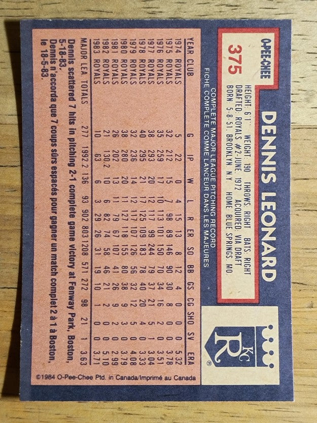 1984 O-Pee-Chee #375 Dennis Leonard