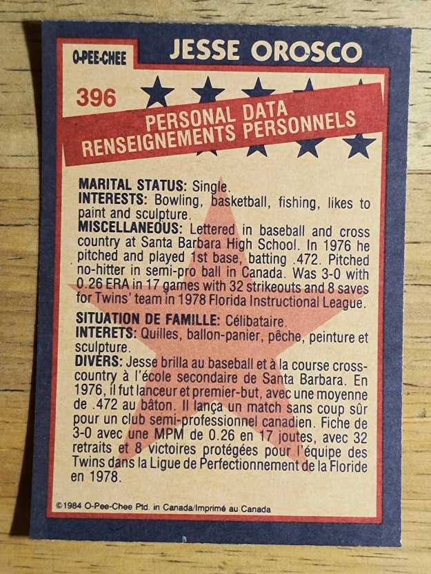 1984 O-Pee-Chee #396 Jesse Orosco AS
