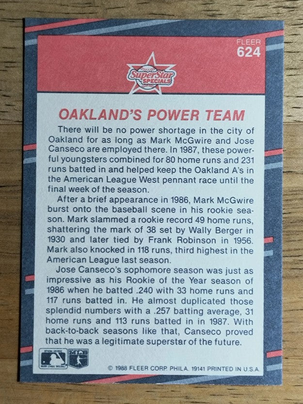 1988 Fleer #624 Mark McGwire/Jose Canseco