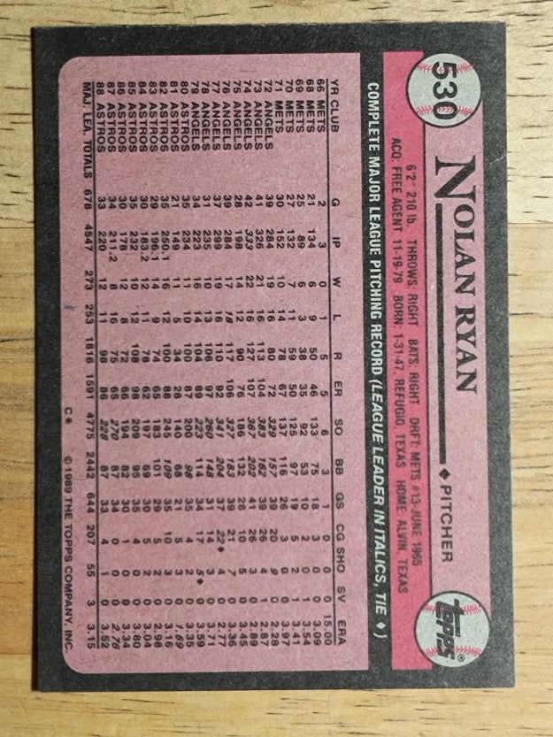1989 Topps #530 Nolan Ryan