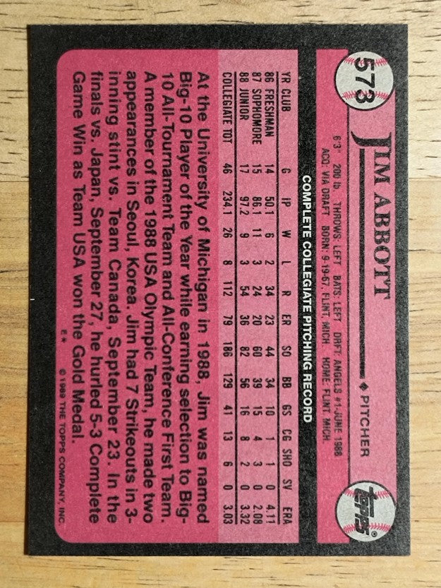 1989 Topps #573 Jim Abbott FDP RC