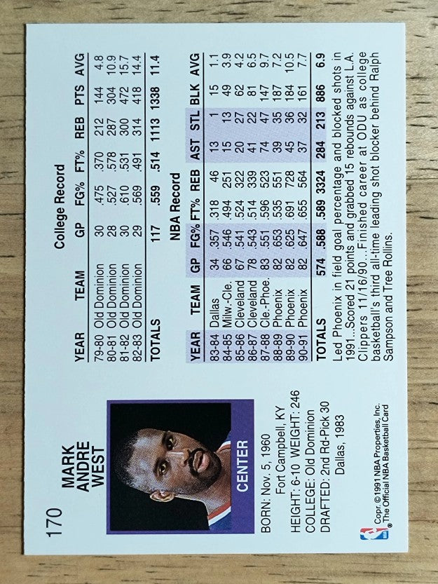 1991-92 Hoops #170 Mark West
