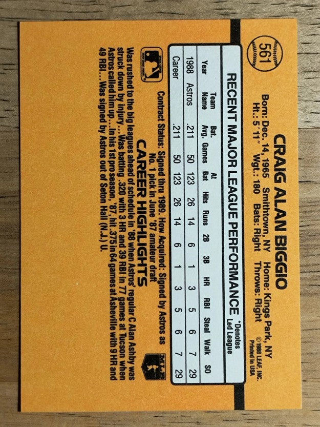1989 Donruss #561 Craig Biggio DP RC