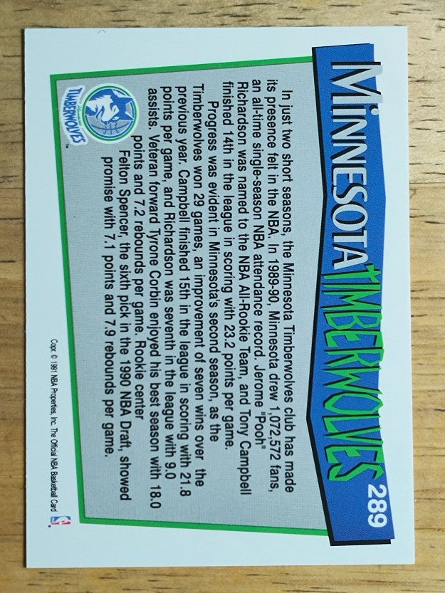 1991-92 Hoops #289 Minnesota Timberwolves TC