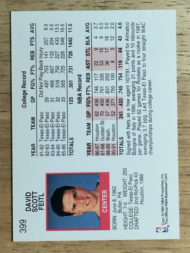 1991-92 Hoops #399 Dave Feitl RC