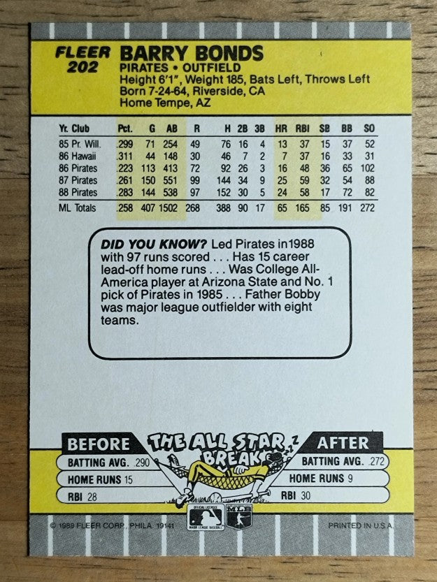 1989 Fleer #202 Barry Bonds