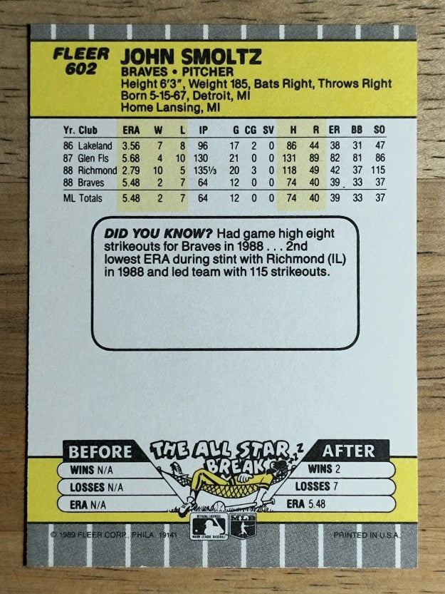 1989 Fleer #602 John Smoltz RC