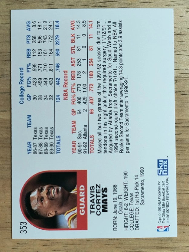 1992-93 Hoops #353 Travis Mays