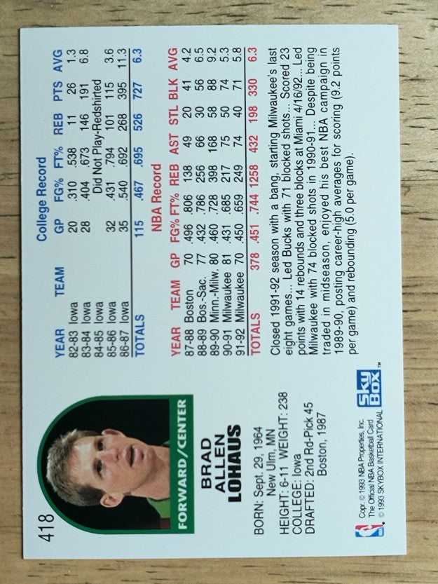1992-93 Hoops #418 Brad Lohaus