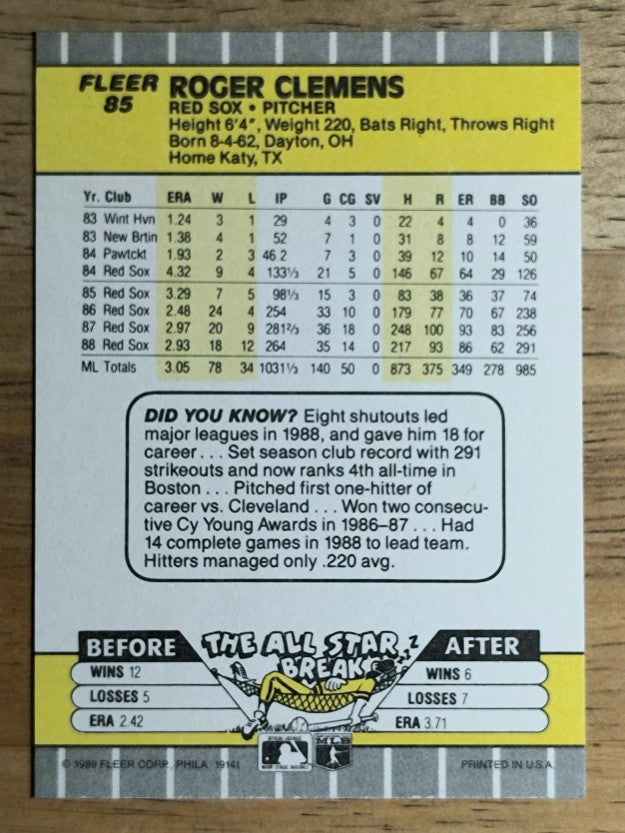 1989 Fleer #85 Roger Clemens