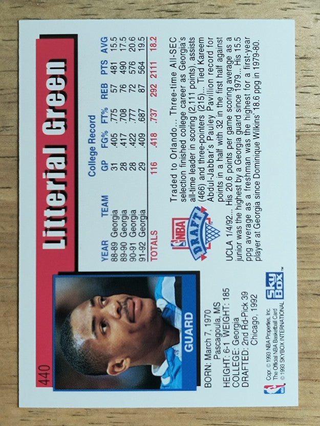1992-93 Hoops #440 Litterial Green RC