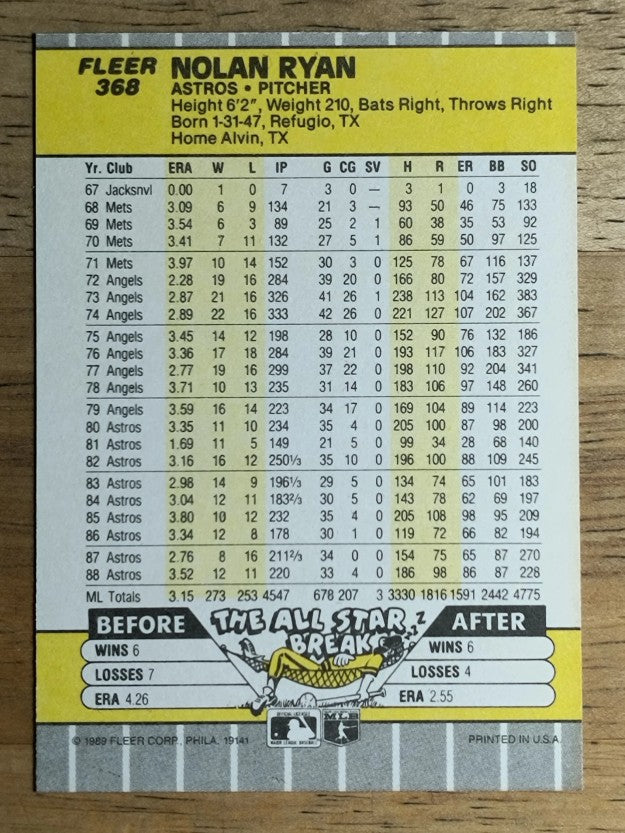 1989 Fleer #368 Nolan Ryan