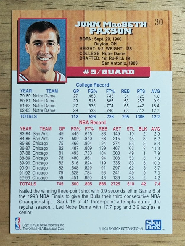 1993-94 Hoops #30 John Paxson