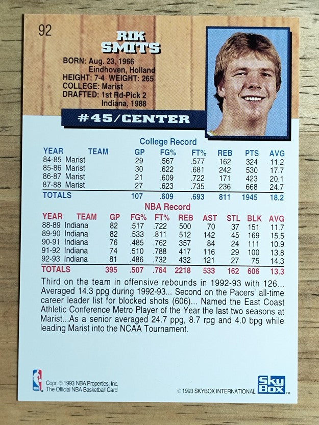1993-94 Hoops #92 Rik Smits
