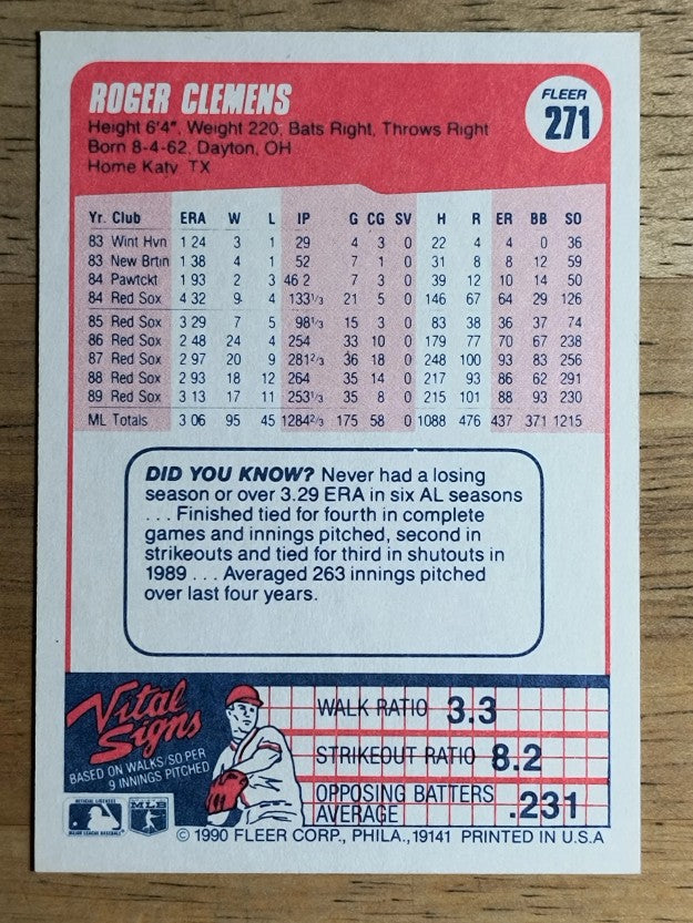 1990 Fleer #271 Roger Clemens