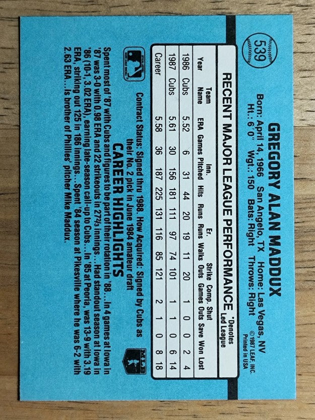 1988 Donruss #539 Greg Maddux