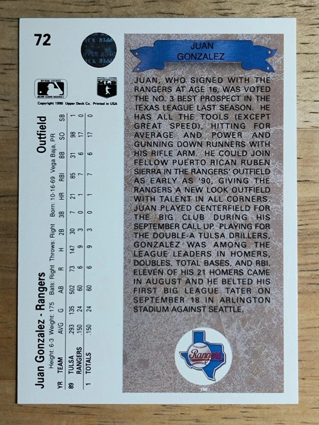1990 Upper Deck #72 Juan Gonzalez RC