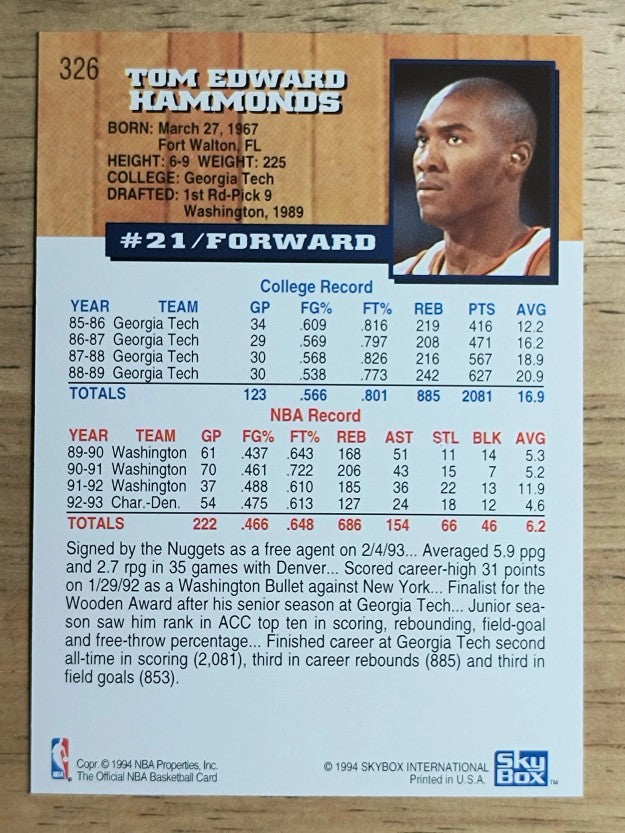 1993-94 Hoops #326 Tom Hammonds