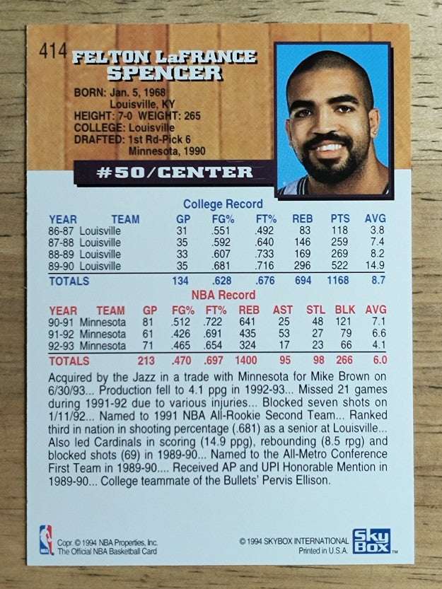 1993-94 Hoops #414 Felton Spencer