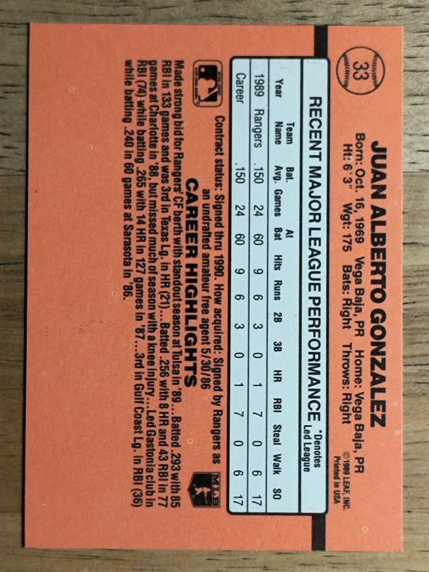 1990 Donruss #33B Juan Gonzalez COR RC