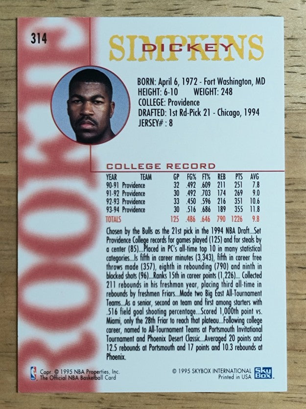 1994-95 Hoops #314 Dickey Simpkins RC