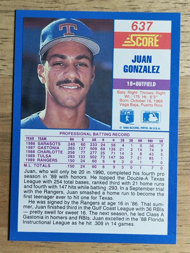 1990 Score #637 Juan Gonzalez RC