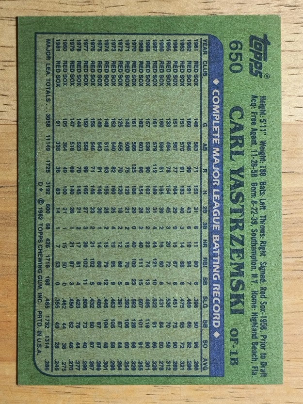 1982 Topps #650 Carl Yastrzemski
