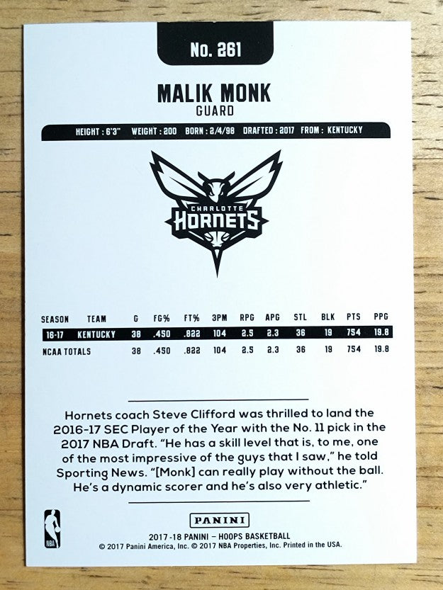 2017-18 Hoops #261 Malik Monk RC
