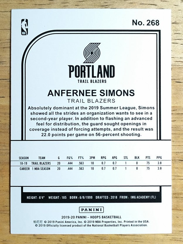 2019-20 Hoops #268 Anfernee Simons