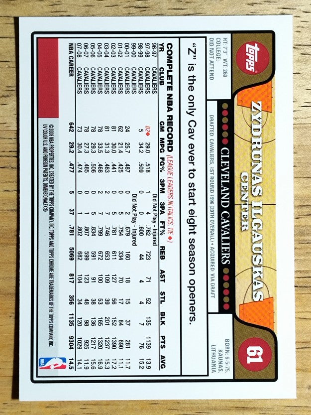 2008-09 Topps Chrome #61 Zydrunas Ilgauskas
