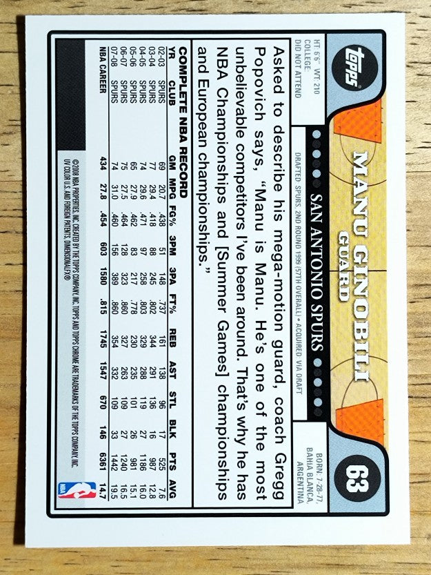 2008-09 Topps Chrome #63 Manu Ginobili