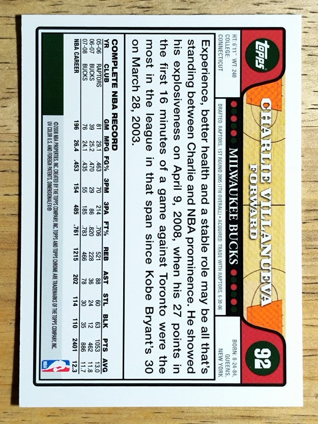 2008-09 Topps Chrome #92 Charlie Villanueva