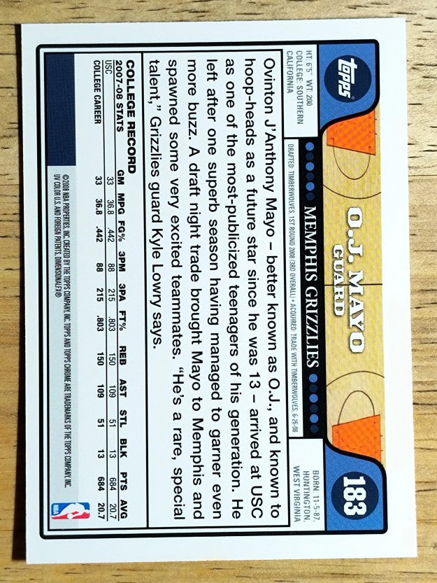 2008-09 Topps Chrome #183 O.J. Mayo RC