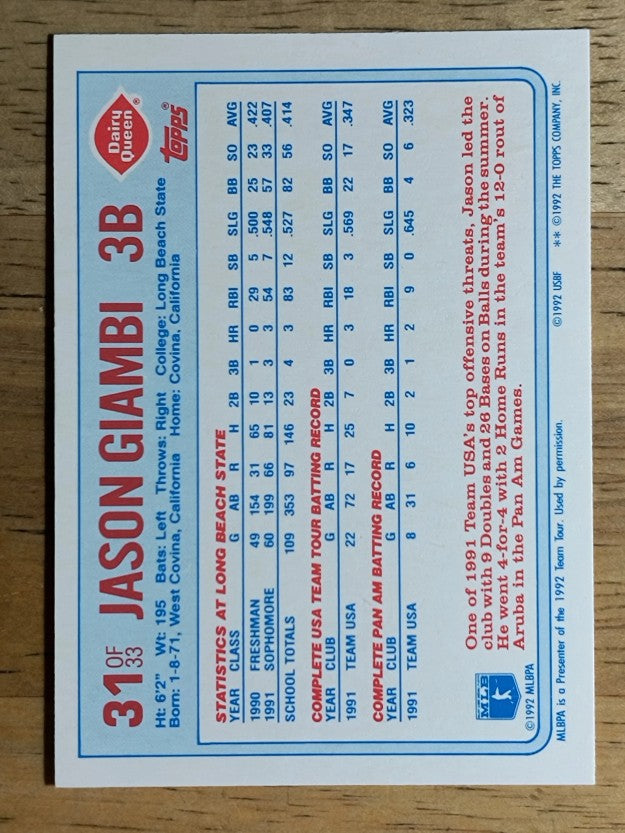 1992 Topps Dairy Queen Team USA #31 Jason Giambi