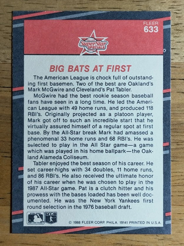 1988 Fleer #633 Pat Tabler/Mark McGwire