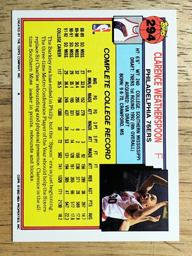 1992-93 Topps #294 Clarence Weatherspoon RC