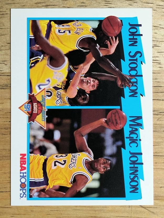 1991-92 Hoops #312 Assists League Leaders/John Stockton/Magic Johnson (NM)