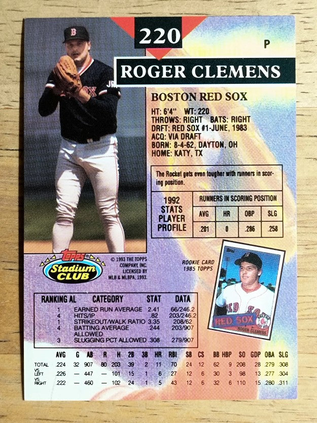 1993 Stadium Club #220 Roger Clemens