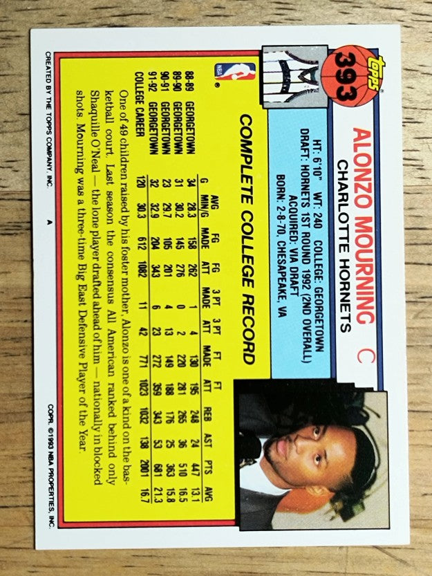 1992-93 Topps #393 Alonzo Mourning RC